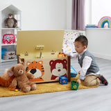 Sturdy & colourful large toy box. Friendly Lion, Monkey, Bear, and Tiger characters adorn this usefully wooden toy storage box. Supplied flat-packed for easy adult assembly.