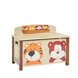 Friendly Lion, Monkey , Bear and Tiger characters adorn this usefully wooden toy storage box. 