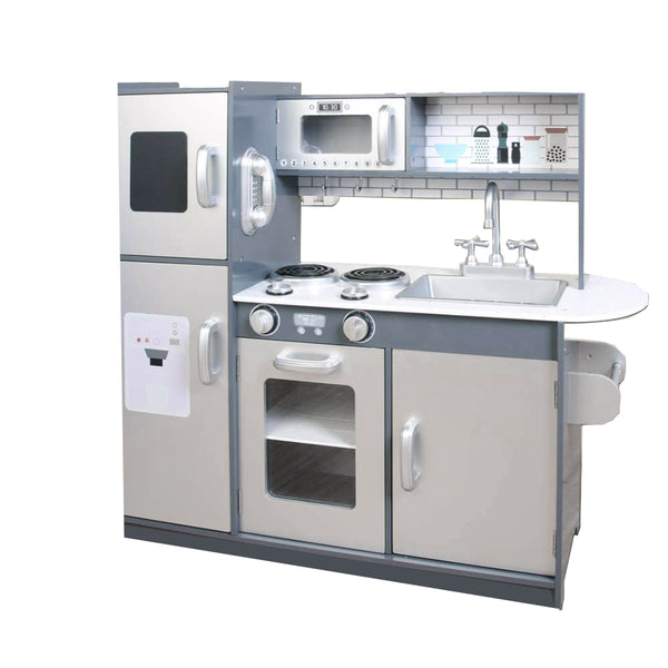 Deluxe Montessori Wooden Toy Kitchen Realistic Features Grey
