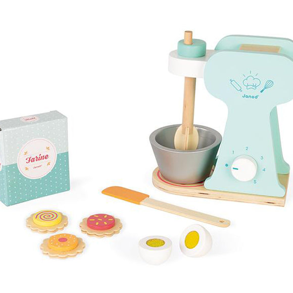 Beautiful wooden toy mixer in retro kitch design with accessories and realistic features