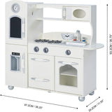 Esta cocina de juguete Montessori de diseño retro mide 93,3 cm de alto x 97,2 cm de ancho x 29,2 cm de profundidad.