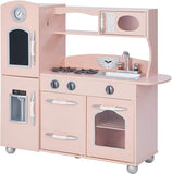 Juega con nuestra cocina de juguete rosa, completa con horno, microondas, lavadora, fregadero y elementos más realistas.
