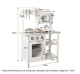 Esta cozinha de brinquedo de madeira montessori tem 85 cm de altura x 54 cm de largura x 27 cm de profundidade