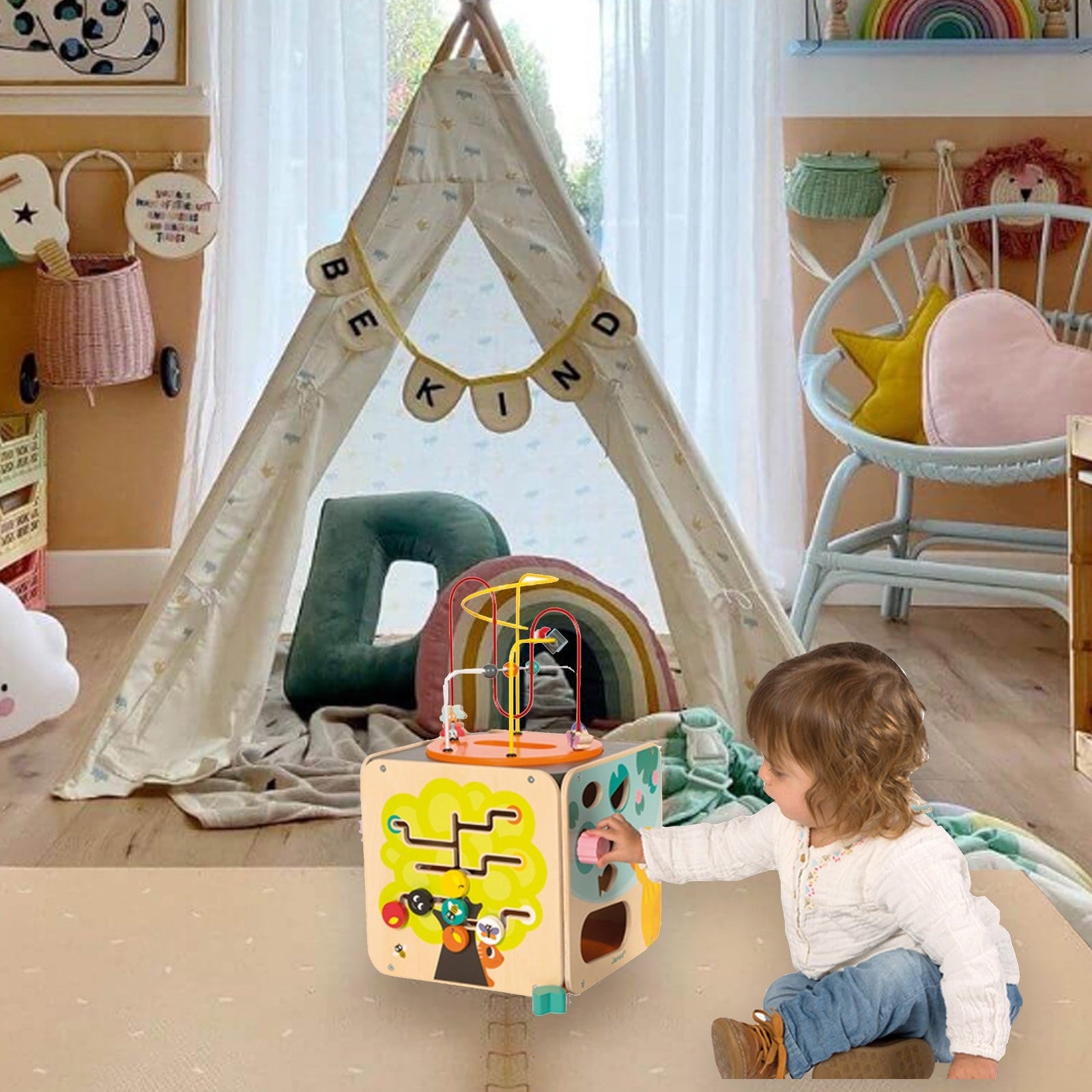 Large Deluxe Montessori Eco Wood Busy Board Multi Activity Cube Ac www.littlehelper