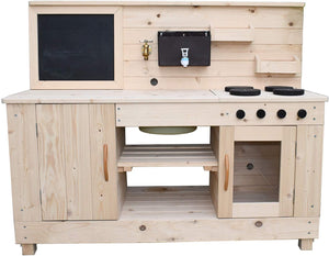 Large mud kitchen including cupboards, oven, working taps, large splash tub, blackboard, cupboards and hob