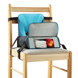 Featuring durable, easy clean material, storage to hold baby stuff or arts & crafts to keep toddler busy when dining out