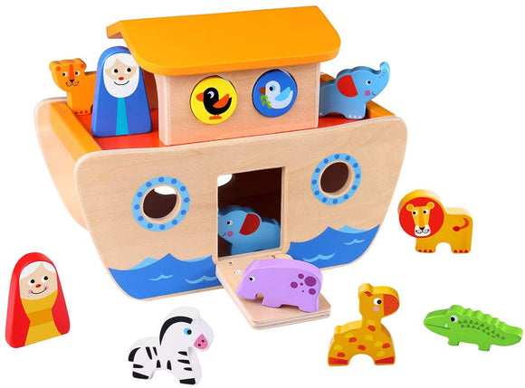 Here is a beautiful wooden Noahs ark toy, complete with various animals, Noah himself and wife.