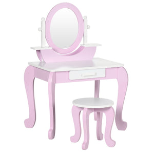 Girls Dressing Table with Mirror and Stool | Vanity Unit with Drawer | Pink & White | 3-6 Years