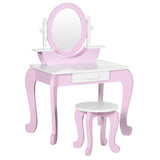 Toeletta per ragazze con specchio e sgabello | Mobile lavabo con cassetto | Rosa e bianco | 3-6 anni