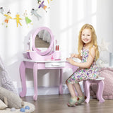 Sminkebord for jenter med speil og krakk | Servantskap med skuff | Rosa og hvit | 3-6 år