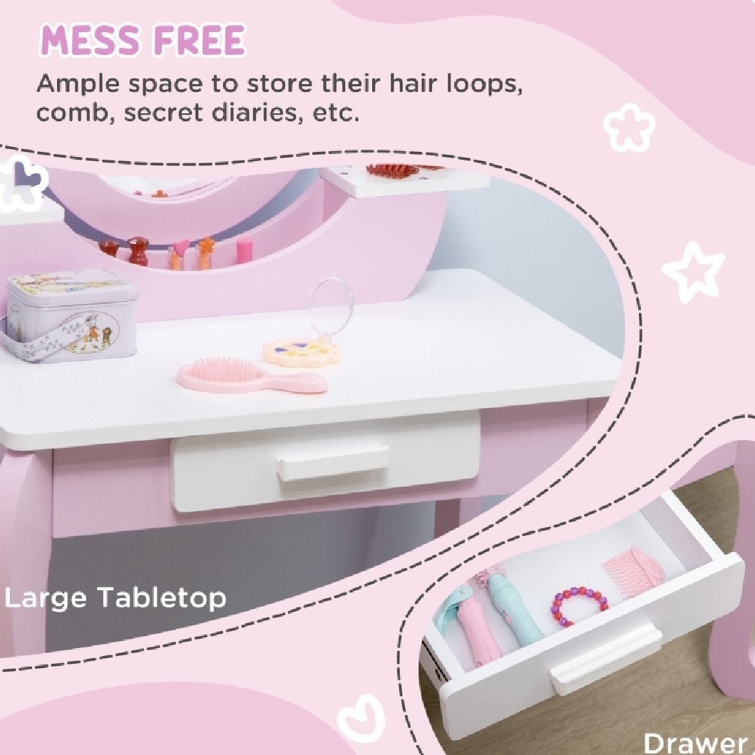 Girls Dressing Table with Mirror and Stool | Vanity Unit with Drawer | Pink & White | 3-6 Years