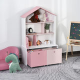 Grande bibliothèque pour enfants | Bibliothèque pour enfants avec tiroirs | Rangement de jouets | Rose et blanc | 3 ans+.