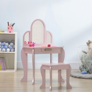 Girls Dressing Table with Mirror and Stool | Vanity Unit with Drawer | Pink | 3-6 Years.