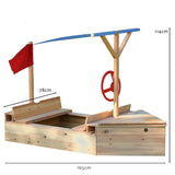 Este barco pirata para niños 2 en 1 con arenero, con asientos, capota, rueda, plataforma, asientos y espacio de almacenamiento, mide 1,65 m de largo 