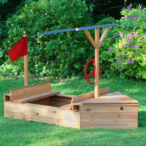 Kids Eco Conscious Fully Treated 100% Fir Wood 2-in-1 Pirate Ship Sandpit with Sun Canopy & Storage | 1.65m Long | All ages