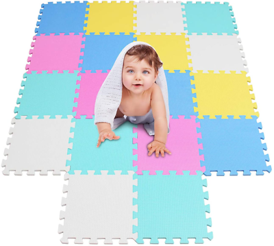 16 Interlocking Montessori Thick Foam Play Mats | Jigsaw Mats for Baby Playpens and Playrooms | Grey, Pink & White