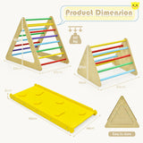 This pikler triangle set with double sided ramp - a climbing wall one side, a slide the other