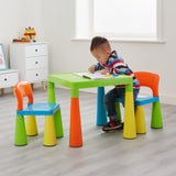 Den solide plasten skaper et solid bord og stol, mens blåfargene har en perfekt lys farge
