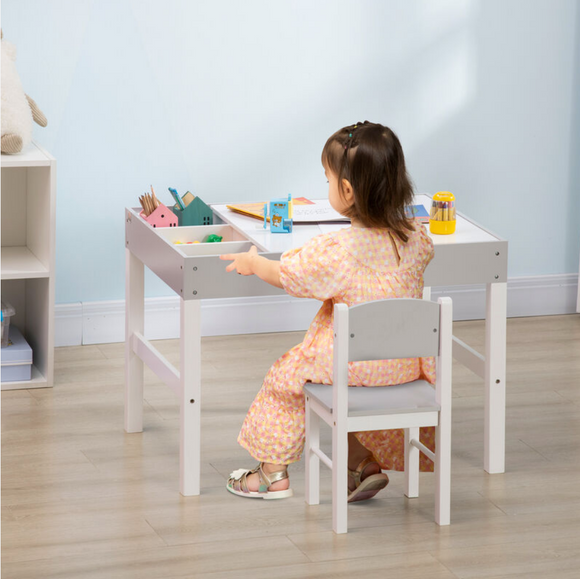 Montessori Homework Desk | Reversible Top | Lego Board | Storage & Chair | White & Grey | 3 Years+