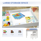 Escritorio infantil Montessori | tapa reversible | tablero de lego | almacenamiento y silla | blanco y gris | 3 años+