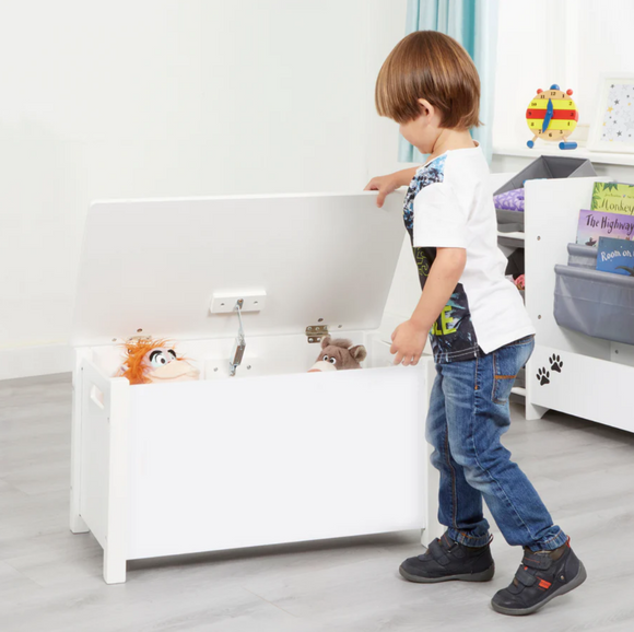 Montessori Wooden Toy Box Slow Release Safety Hinge | Ottoman | Blanket Box | White | W:68 x H:47.5 x D:37.5cm