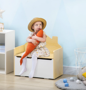 2-in-1 Mi Casa Montessori Toy Box & Seat with Child Slow Close Safety Hinge | Natural & White | 63L x 34W x 62H cm