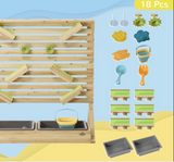 Montessori Öko Wasserwand aus natürlichem Tannenholz | Sand- und Wasserspiel mit 18 Zubehörteilen | Ab 3 Jahren
