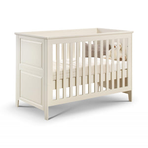 Ivory white painted pine nursery cot bed with 3 mattress settings for baby & toddlers. Matching furniture available.