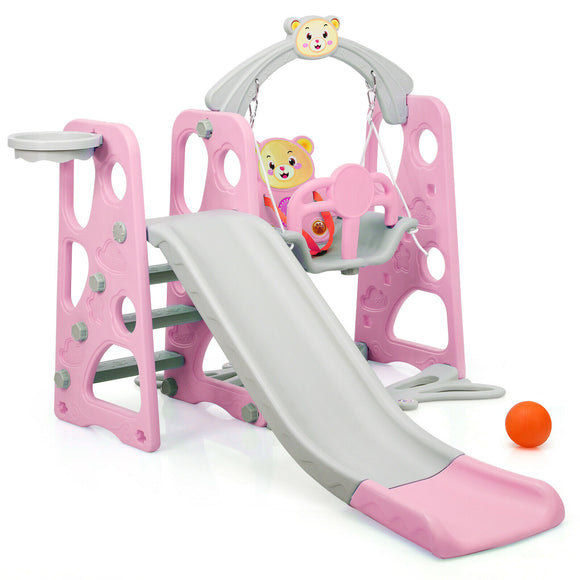This swing set with slide and basketball is perfect for younger children.