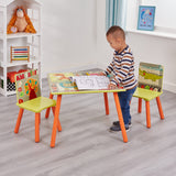 Este conjunto colorido de mesa infantil e 2 cadeiras com tema de safári e selva é fácil de montar e ideal para maiores de 3 anos.