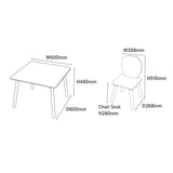 الأبعاد: الطاولة 60 × 60 × 44 سم. كرسي 51 × 27 × 27 سم (طول × ارتفاع × عرض)