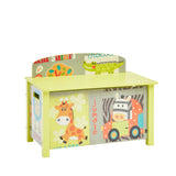 Felle kleuren en superleuke dierenmotieven sieren onze houten speelgoedopbergdoos Kid Safari Animals.