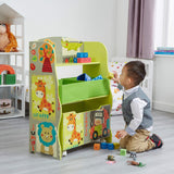 Childrens Wooden Safari Jungle Toy Storage Box with 2 Storage Fabric Bins