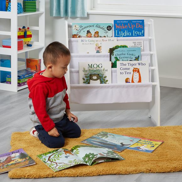 Freestanding white kids bookcase at toddler height - ideal storage for your tot's favourite books and bits and pieces.