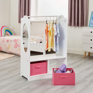 Moderne Montessori barneklesstang i tre med oppbevaring og speil | 90 cm høy | Hvit og rosa