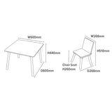 Abmessungen des Tisch- und Stuhlsets im Safari-Stil. Tischabmessungen: H44 x B60 x T60 cm. Maße des Stuhls: H26,8 x B26,8 x 51 cm. Sitzhöhe des Stuhls: 26 cm
