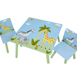 Wooden table and chair set with colourful safari themed design