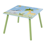 Sturdy wooden table with colourful safari themed design