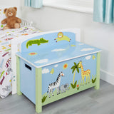 This super sturdy large wooden toy box in our Jungle Joy collection features a friendly giraffe, zebra, and baby elephant characters.