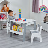 Conjunto de mesa infantil branca e cinza e 2 cadeiras com estante e armazenamento