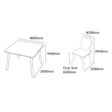 Abmessungen des Tisch- und Stuhlsets „Cat and Dog“. Abmessungen: Tisch H44 x B60 x T60 cm. Stuhl H51 x 26,8 x 26,8 cm. Sitzhöhe: 26 cm