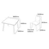 Dimensões do conjunto de mesa e cadeira para gato e cachorro. Dimensões: Mesa A44 x L60 x P60cm. Cadeira Alt.51 x 26,8 x 26,8cm. Altura do assento: 26cm