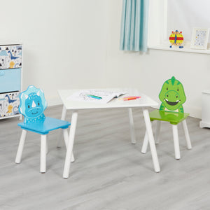 बच्चों के लिए डायनासोर की लकड़ी की मेज और 2 कुर्सियों का सेट | सफेद, नीला और हरा | 2 वर्ष +