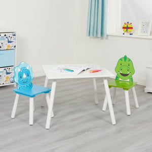 Conjunto de mesa e 2 cadeiras de madeira de dinossauro infantil | Branco, azul e verde | 2 anos +