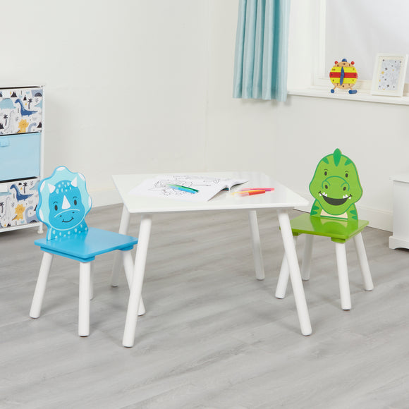 Children's Dinosaur Wood Table and 2 Chairs Set | White, Blue & Green | 2 Years +