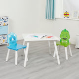 Drewniany stół i 2 krzesła z dinozaurami dla dzieci | Biały, niebieski i zielony | 2 lata +