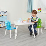बच्चों के लिए डायनासोर टेबल और 2 कुर्सियों का सेट | नीली और हरी कुर्सियों के साथ सफेद टेबल | 2 वर्ष +