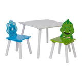  Conjunto de mesa dinossauro infantil e 2 cadeiras | Branco, azul e verde | 2 anos +