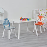बच्चों के लिए वन जानवरों की मेज और 2 कुर्सियों का सेट | लोमड़ी और गिलहरी | 2 वर्ष +