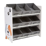 Includes 9 sturdy grey fabric storage boxes that sit across 3 shelves